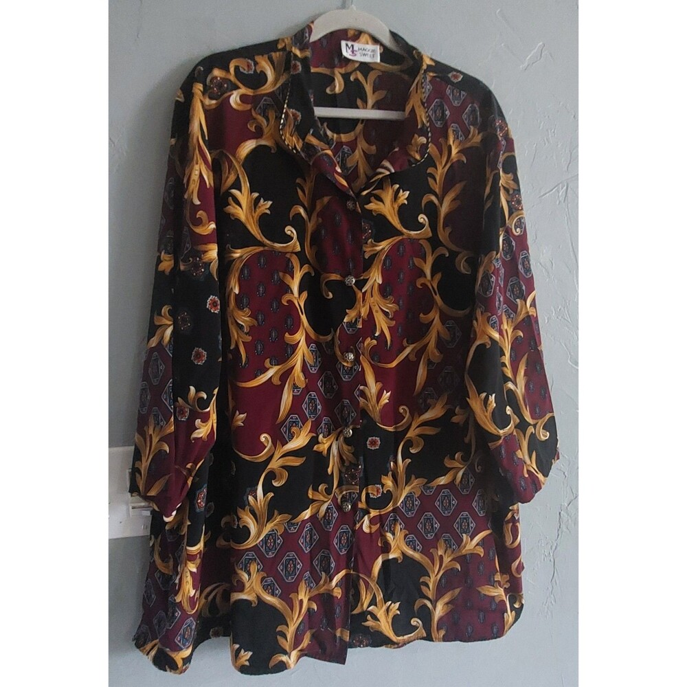 Maggie sweet Tops Short Button Down Vintage 2X Colored baroque Print,25 Inch Of
